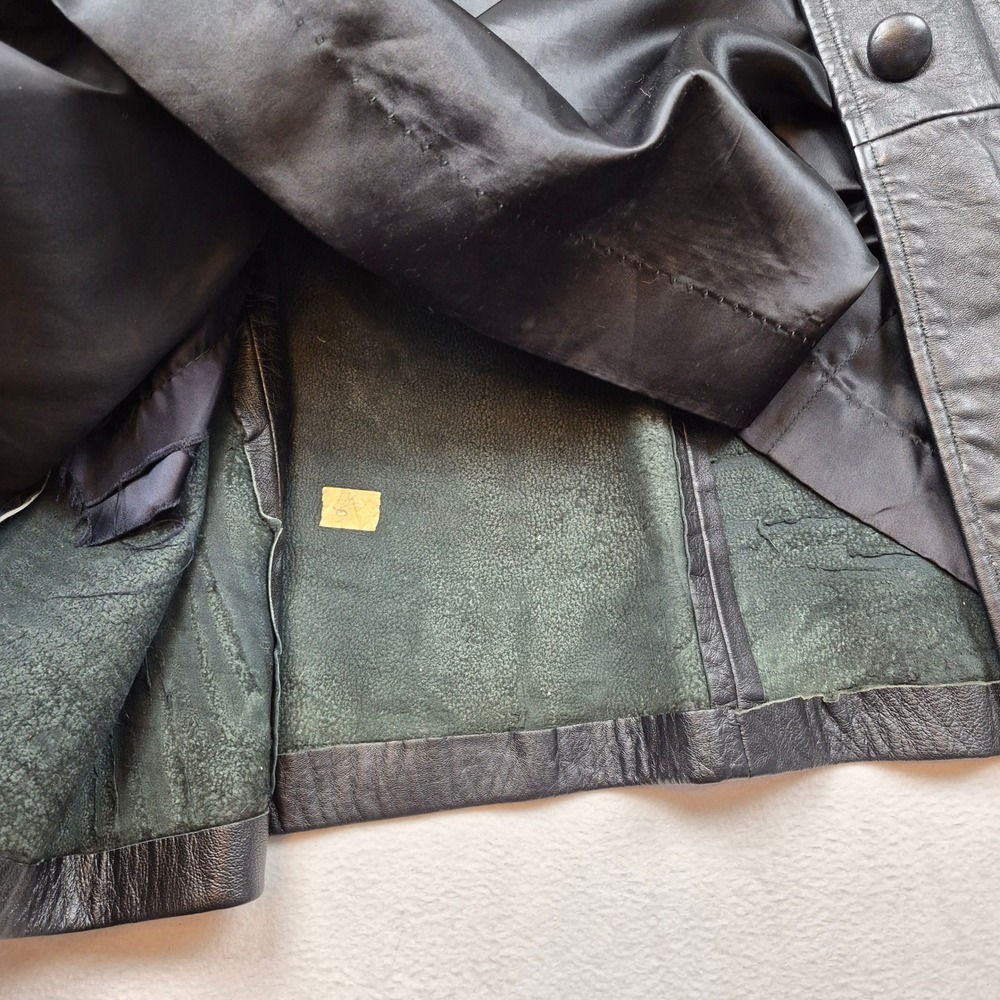 Vintage Black Leather Trench Coat Genuine Fur Collar Cuffs Size 14 Mid Length - Picture 5 of 16